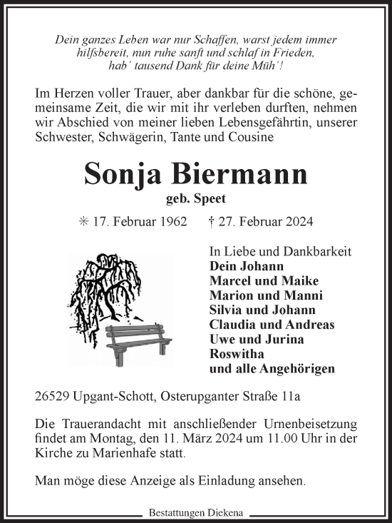 Traueranzeige von Sonja Biermann von Ostfriesischer Kurier