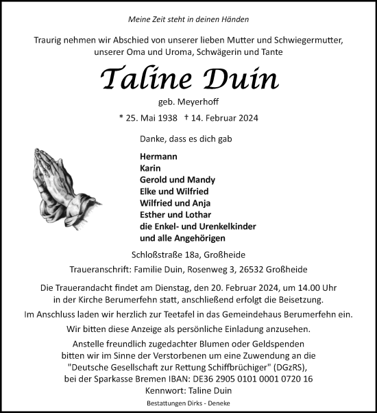 Traueranzeige von Taline Duin von Ostfriesischer Kurier