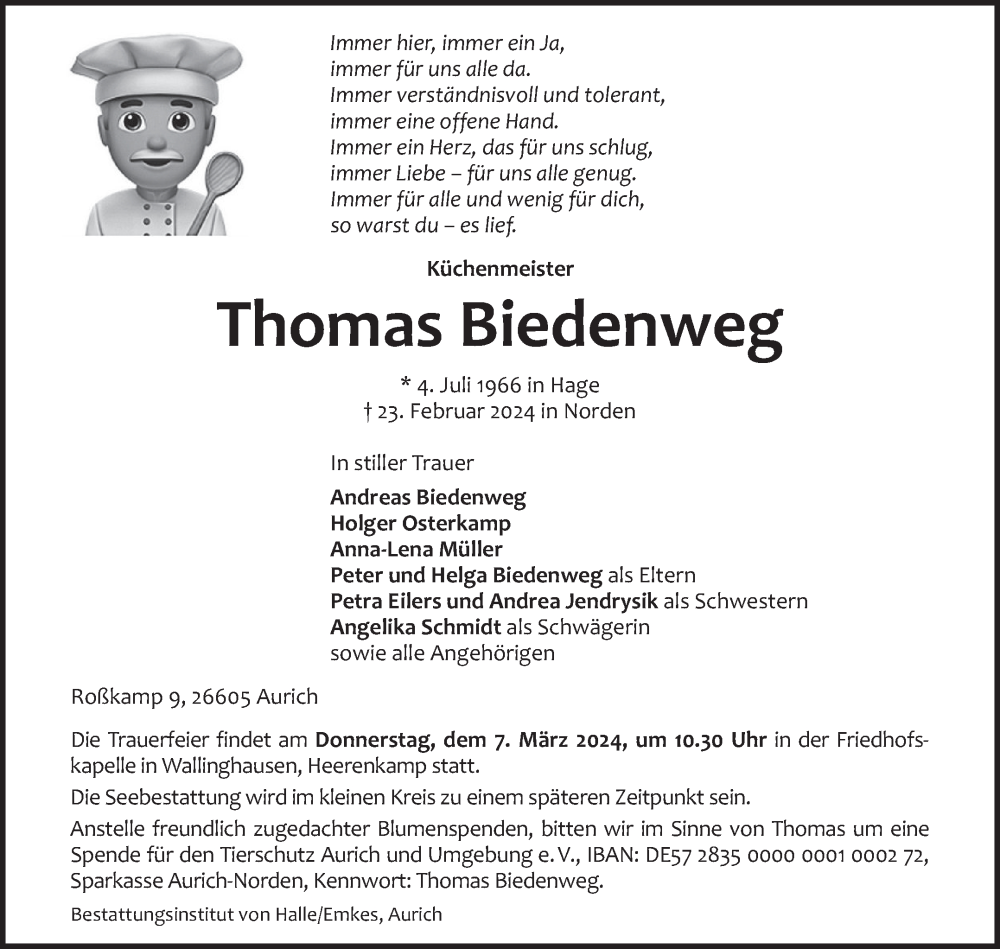  Traueranzeige für Thomas Biedenweg vom 27.02.2024 aus Ostfriesischer Kurier