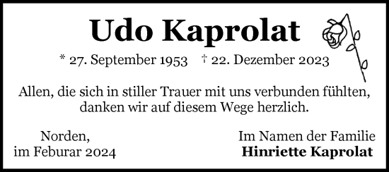 Traueranzeige von Udo Kaprolat von Ostfriesischer Kurier