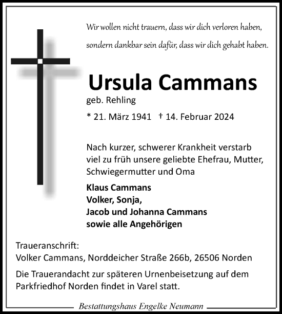 Traueranzeige von Ursula Cammans von Ostfriesischer Kurier
