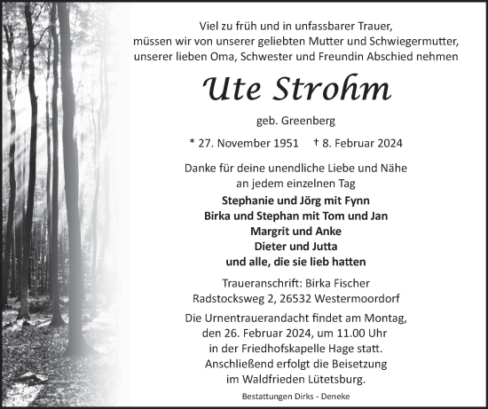 Traueranzeige von Ute Strohur von Ostfriesischer Kurier