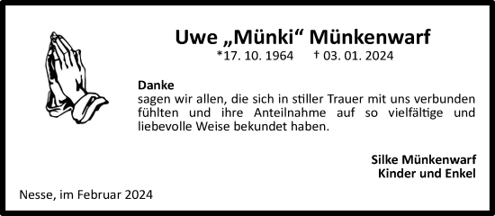 Traueranzeige von Uwe Münkenwarf von Ostfriesischer Kurier