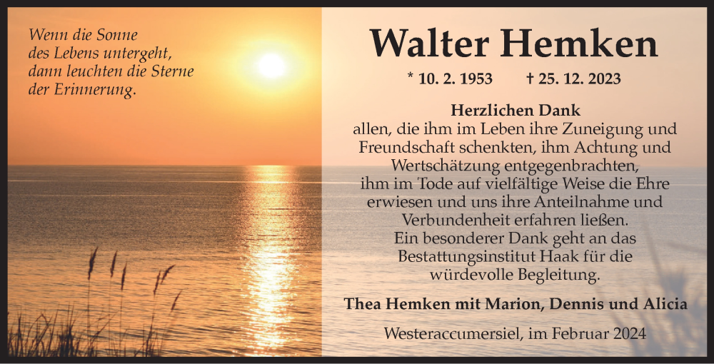  Traueranzeige für Walter Hemken vom 03.02.2024 aus Ostfriesischer Kurier