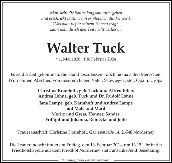 Traueranzeige von Walter Tuck von Ostfriesischer Kurier