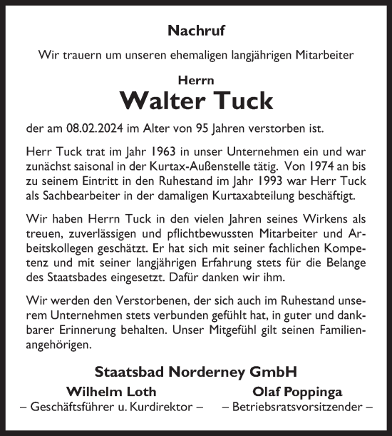 Traueranzeige von Walter Tuck von Ostfriesischer Kurier