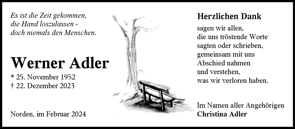  Traueranzeige für Werner Adler vom 10.02.2024 aus Ostfriesischer Kurier