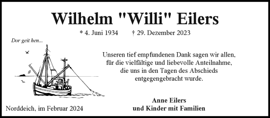 Traueranzeige von Wilhelm Eilers von Ostfriesischer Kurier