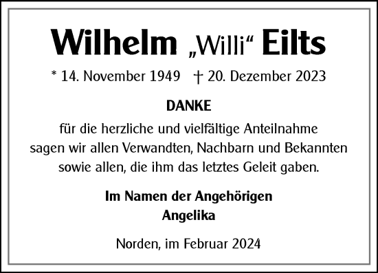 Traueranzeige von Wilhelm Eilts von Ostfriesischer Kurier