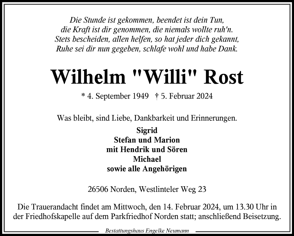  Traueranzeige für Wilhelm Rost vom 07.02.2024 aus Ostfriesischer Kurier