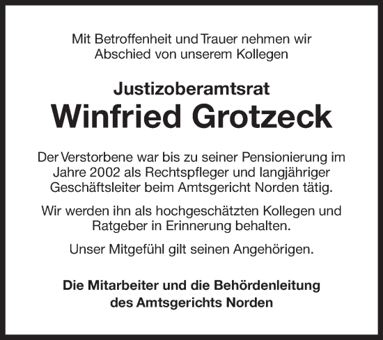 Traueranzeige von Winfried Grotzeck von Ostfriesischer Kurier
