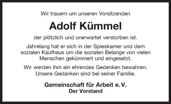 Traueranzeige von Adolf Kümmel von Ostfriesischer Kurier
