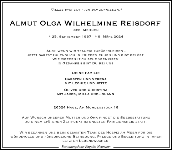 Traueranzeige von Almut Reisdorf von Ostfriesischer Kurier