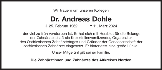 Traueranzeige von Andreas Dohle von Ostfriesischer Kurier