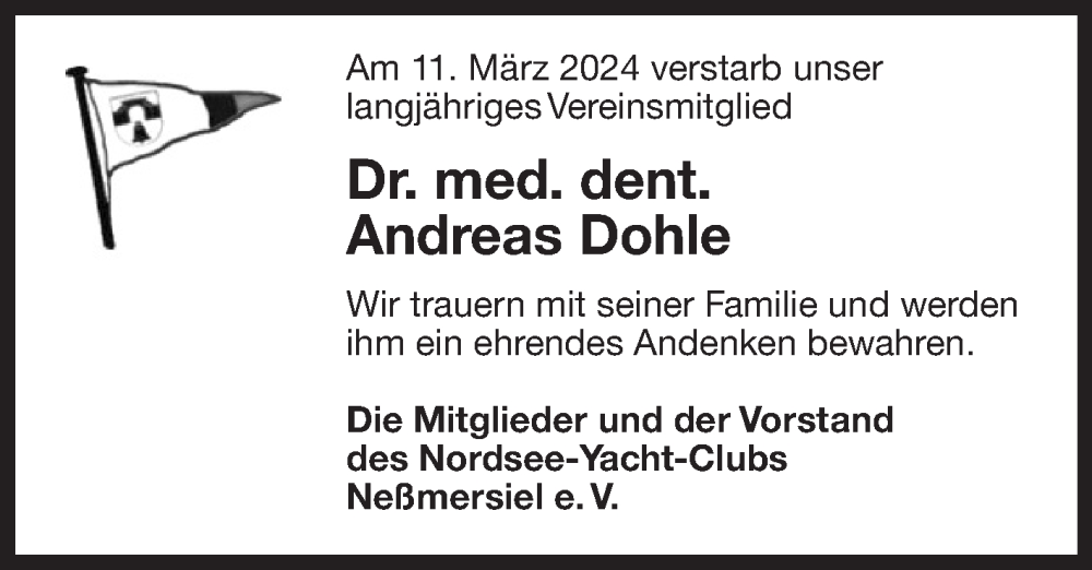  Traueranzeige für Andreas Dohle vom 16.03.2024 aus Ostfriesischer Kurier