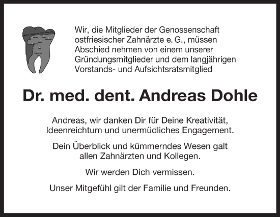 Traueranzeige von Andreas Dohle von Ostfriesischer Kurier