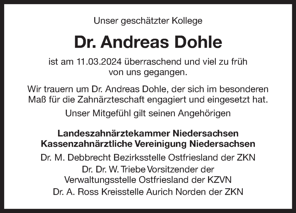  Traueranzeige für Andreas Dohle vom 23.03.2024 aus Ostfriesischer Kurier