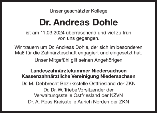 Traueranzeige von Andreas Dohle von Ostfriesischer Kurier