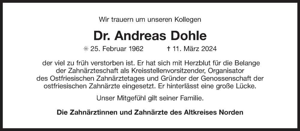  Traueranzeige für Andreas Dohle vom 23.03.2024 aus Ostfriesischer Kurier