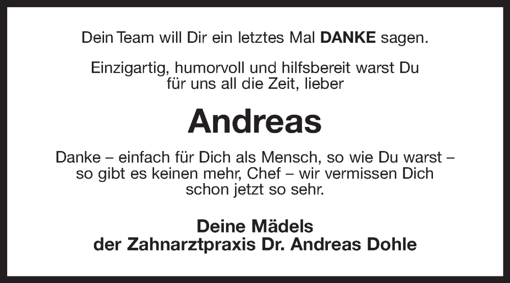  Traueranzeige für Andreas Dohle vom 23.03.2024 aus Ostfriesischer Kurier