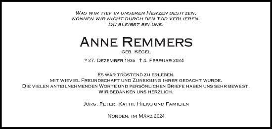 Traueranzeige von Anne Remmers von Ostfriesischer Kurier