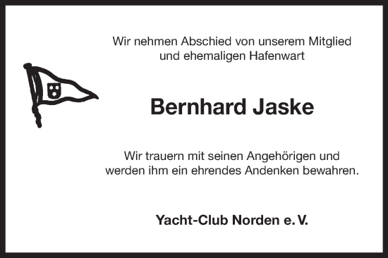 Traueranzeige von Bernhard Jaske von Ostfriesischer Kurier