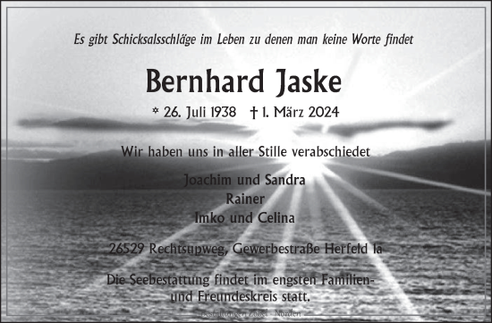 Traueranzeige von Bernhard Jaske von Ostfriesischer Kurier