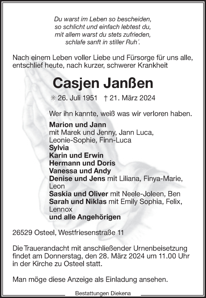  Traueranzeige für Casjen Janßen vom 23.03.2024 aus Ostfriesischer Kurier