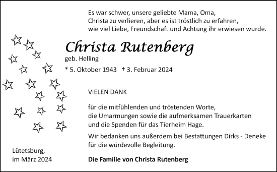 Traueranzeige von Christa Rutenberg von Ostfriesischer Kurier