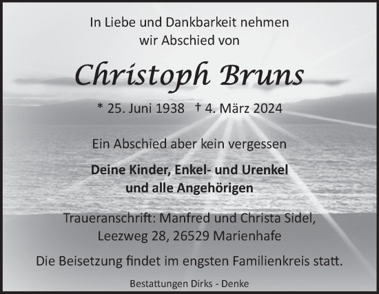 Traueranzeige von Christoph Bruns von Ostfriesischer Kurier
