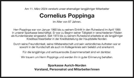 Traueranzeige von Cornelius Poppinga von Ostfriesischer Kurier