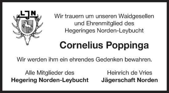 Traueranzeige von Cornelius Poppinga von Ostfriesischer Kurier