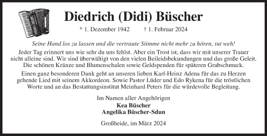 Traueranzeige von Diedrich Büscher von Ostfriesischer Kurier