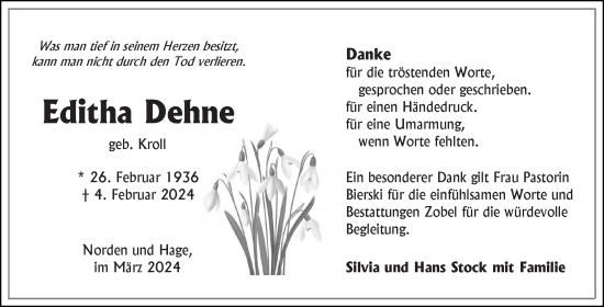 Traueranzeige von Editha Dehne von Ostfriesischer Kurier