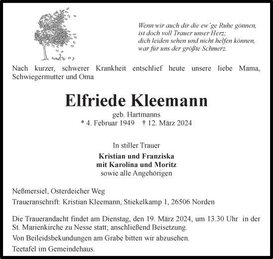 Traueranzeige von Elfriede Kleemann von Ostfriesischer Kurier