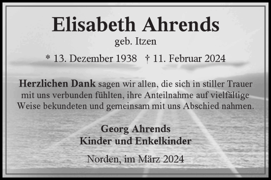 Traueranzeige von Elisabeth Ahrends von Ostfriesischer Kurier