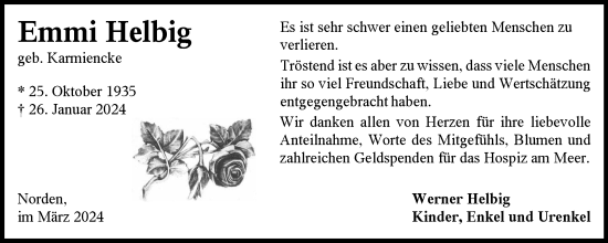 Traueranzeige von Emmi Helbig von Ostfriesischer Kurier