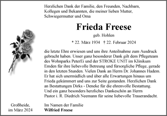 Traueranzeige von Frieda Freese von Ostfriesischer Kurier