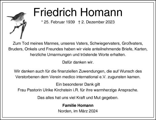 Traueranzeige von Friedrich Homann von Ostfriesischer Kurier