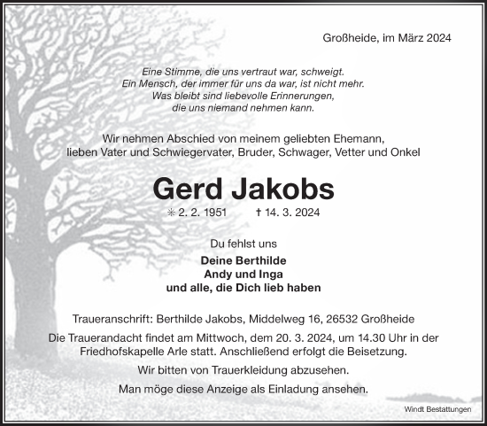 Traueranzeige von Gerd Jakobs von Ostfriesischer Kurier
