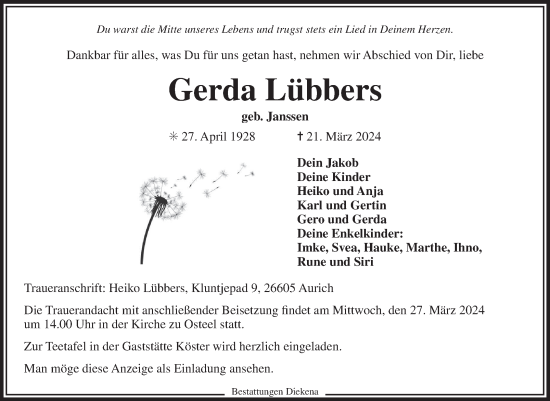 Traueranzeige von Gerda Lübbers von Ostfriesischer Kurier