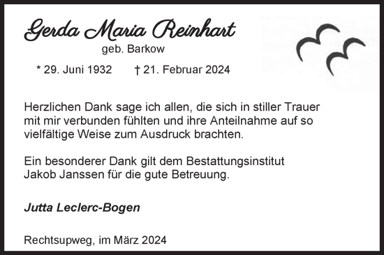 Traueranzeige von Gerda Maria Reinhart von Ostfriesischer Kurier
