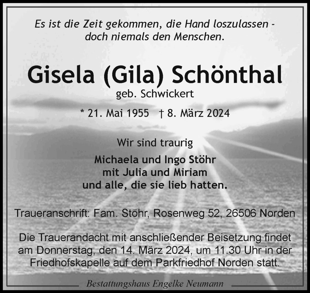  Traueranzeige für Gisela Schönthal vom 11.03.2024 aus Ostfriesischer Kurier