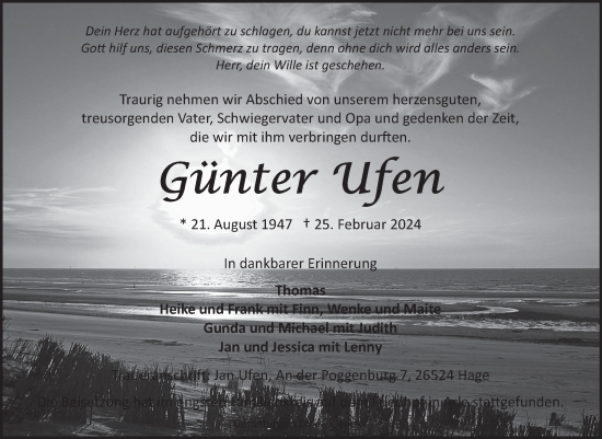 Traueranzeige von Günter Ufen von Ostfriesischer Kurier