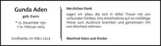 Traueranzeige von Gunda Aden von Ostfriesischer Kurier