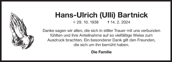 Traueranzeige von Hans-Ulrich Bartnick von Ostfriesischer Kurier