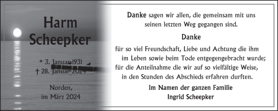 Traueranzeige von Harm Scheepker von Ostfriesischer Kurier