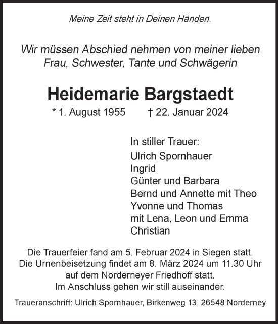 Traueranzeige von Heidemarie Bargstaedt von Ostfriesischer Kurier