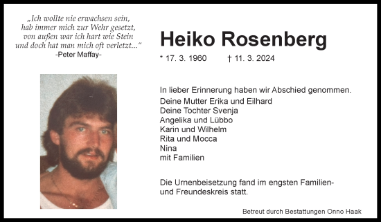 Traueranzeige von Heiko Rosenberg von Ostfriesischer Kurier