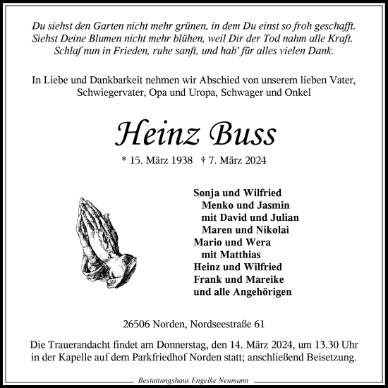 Traueranzeige von Heinz Buss von Ostfriesischer Kurier